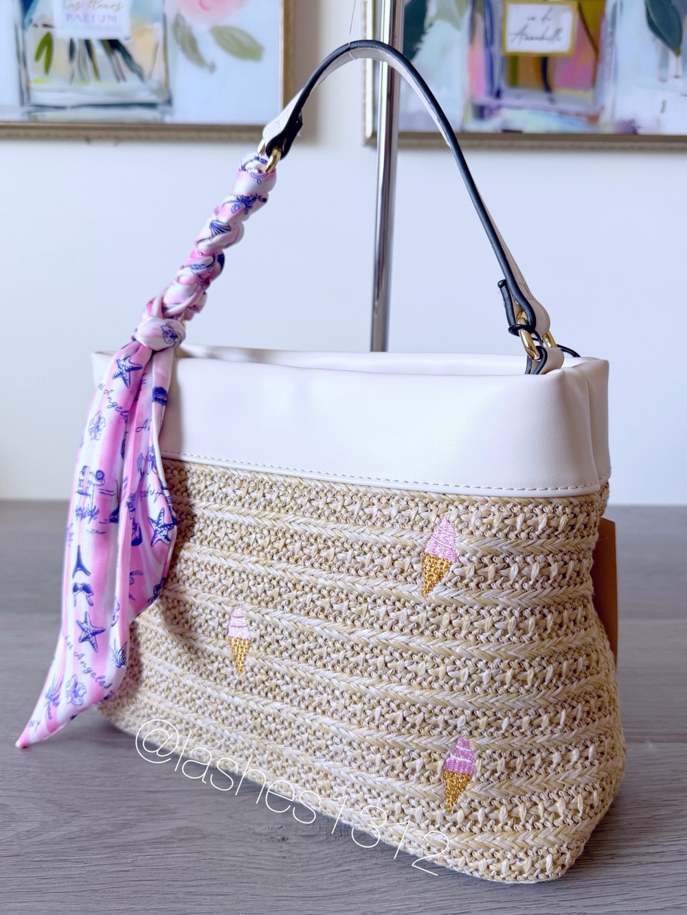BCBGeneration Straw Crossbody Satchel with Ice Cream Cones and Scarf - Picture 3 of 8